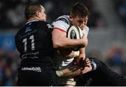13 April 2018; Matthew Rea of Ulster is tackled by Hanno Dirksen, left, and Owen Watkin of Ospreys during the Guinness PRO14 Round 20 match between Ulster and Ospreys at Kingspan Stadium in Belfast. Photo by Oliver McVeigh/Sportsfile