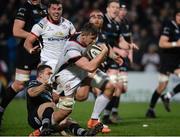 13 April 2018; Matthew Rea of Ulster is tackled by Hanno Dirksen, left, and Owen Watkin of Ospreys during the Guinness PRO14 Round 20 match between Ulster and Ospreys at Kingspan Stadium in Belfast. Photo by Oliver McVeigh/Sportsfile