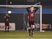 13 April 2018; Darragh Leahy of Bohemians reacts after his side miss an opportunity to score during the SSE Aitricity League Premier Division match between Shamrock Rovers and Bohemians at Tallaght Stadium in Tallaght, Dublin. Photo by Seb Daly/Sportsfile