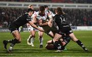 13 April 2018; Stuart McCloskey of Ulster is tackled by Owen Watkin, left, and Jeff Hassler of Ospreys during the Guinness PRO14 Round 20 match between Ulster and Ospreys at Kingspan Stadium in Belfast. Photo by Oliver McVeigh/Sportsfile