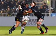 13 April 2018; Jarrad Butler of Connacht is tackled by DTH Van Der Merwe, left, and Rob Harley of Glasgow Warriors during the Guinness PRO14 Round 20 match between Glasgow Warriors and Connacht at Scotstown Stadium in Glasgow, Scotland. Photo by Paul Devlin/Sportsfile