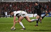 13 April 2018; Jacob Stockdale of Ulster scores his side's first try in the final minute of the Guinness PRO14 Round 20 match between Ulster and Ospreys at Kingspan Stadium in Belfast. Photo by Oliver McVeigh/Sportsfile