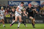 13 April 2018; Jacob Stockdale of Ulster on his way to scoring his side's first try in the final minute despite the tackle of Jeff Hassler of Ospreys during the Guinness PRO14 Round 20 match between Ulster and Ospreys at Kingspan Stadium in Belfast. Photo by Oliver McVeigh/Sportsfile