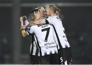 13 April 2018; John Mountney, centre, of Dundalk celebrates with team-mates Michael Duffy and Chris Sheilds after scoring his side's second goal during the SSE Airtricity League Premier Division match between Bray Wanderers and Dundalk at the Carlisle Grounds in Bray, Co Wicklow. Photo by Eóin Noonan/Sportsfile