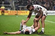 13 April 2018; Jacob Stockdale of Ulster is congratulated by Charles Piutau after scoring his sides first try in the final minute of the Guinness PRO14 Round 20 match between Ulster and Ospreys at Kingspan Stadium in Belfast. Photo by Oliver McVeigh/Sportsfile