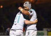 13 April 2018; Caolin Blades of Connacht celebrates his try with team-mate Stacey Ili during the Guinness PRO14 Round 20 match between Glasgow Warriors and Connacht at Scotstoun Stadium in Glasgow, Scotland. Photo by Paul Devlin/Sportsfile