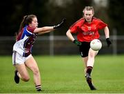 14 April 2018; Ali Sherlock of Scoil Mhuire, Trim, in action against Amy Walsh of Coláiste Bhaile Chláir, Claregalway, during the Lidl All Ireland Post Primary School Senior C Final match between Coláiste Bhaile Chláir, Claregalway, Galway and Scoil Mhuire, Trim, Meath at Kinnegad in County Westmeath. Photo by Matt Browne/Sportsfile