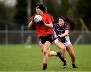 14 April 2018; Leah Devine of Scoil Mhuire, Trim, in action against Laura Flynn of Coláiste Bhaile Chláir, Claregalway, during the Lidl All Ireland Post Primary School Senior C Final match between Coláiste Bhaile Chláir, Claregalway, Galway and Scoil Mhuire, Trim, Meath at Kinnegad in County Westmeath. Photo by Matt Browne/Sportsfile
