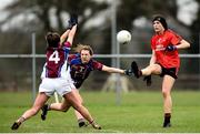 14 April 2018; Leah Devine of Scoil Mhuire, Trim, in action against Kiara Kearney and Aoife Lyons of Coláiste Bhaile Chláir, Claregalway, during the Lidl All Ireland Post Primary School Senior C Final match between Coláiste Bhaile Chláir, Claregalway, Galway and Scoil Mhuire, Trim, Meath at Kinnegad in County Westmeath. Photo by Matt Browne/Sportsfile