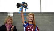 14 April 2018; Coláiste Bhaile Chláir, Claregalway, captain Gemma Coll lifts the cup after it was presented to her by Ladies Gaelic Football Association President Marie Hickey after the Lidl All Ireland Post Primary School Senior C Final match between Coláiste Bhaile Chláir, Claregalway, Galway and Scoil Mhuire, Trim, Meath at Kinnegad in County Westmeath. Photo by Matt Browne/Sportsfile
