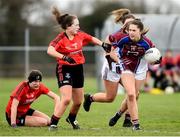 14 April 2018; Eimear Mitchell of Coláiste Bhaile Chláir, Claregalway, in action against Hannah Kealey of Scoil Mhuire, Trim, during the Lidl All Ireland Post Primary School Senior C Final match between Coláiste Bhaile Chláir, Claregalway, Galway and Scoil Mhuire, Trim, Meath at Kinnegad in County Westmeath. Photo by Matt Browne/Sportsfile
