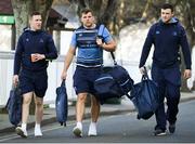 14 April 2018; Rory O'Loughlin, left, Jordi Murphy, centre, and Robbie Henshaw of Leinster arrive ahead of the Guinness PRO14 Round 20 match between Leinster and Benetton Rugby at the RDS Arena in Dublin. Photo by Ramsey Cardy/Sportsfile