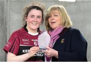 14 April 2018; Ladies Gaelic Football Association President Marie Hickey presents the player of the match trophy to Lauren McVeety of Loreto, Cavan, after the Lidl All Ireland Post Primary School Senior A Final match between Loreto, Clonmel, Tipperary and Loreto, Cavan, at Kinnegad in County Westmeath. Photo by Matt Browne/Sportsfile