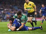 14 April 2018; Richardt Strauss of Leinster dives over to score his side's first try despite the tackle of Tommaso Allan of Benetton Rugby during the Guinness PRO14 Round 20 match between Leinster and Benetton Rugby at the RDS Arena in Dublin. Photo by Seb Daly/Sportsfile