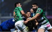 14 April 2018; Jamison Gibson-Park of Leinster is tackled by Tommaso Iannone, left, and Tito Tebaldi of Benetton Rugby during the Guinness PRO14 Round 20 match between Leinster and Benetton Rugby at the RDS Arena in Dublin. Photo by Ramsey Cardy/Sportsfile