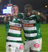 14 April 2018; Andrea Bronzini, left, and Cherif Traore of Benetton Rugby celebrate following the Guinness PRO14 Round 20 match between Leinster and Benetton Rugby at the RDS Arena in Dublin. Photo by Ramsey Cardy/Sportsfile