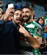 14 April 2018; Tito Tebaldi of Benetton Rugby celebrates with a supporter following his side's victory after the Guinness PRO14 Round 20 match between Leinster and Benetton Rugby at the RDS Arena in Dublin. Photo by Seb Daly/Sportsfile