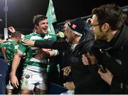 14 April 2018; Marco Fuser of Benetton Rugby celebrates with supporters following his side's victory after the Guinness PRO14 Round 20 match between Leinster and Benetton Rugby at the RDS Arena in Dublin. Photo by Seb Daly/Sportsfile