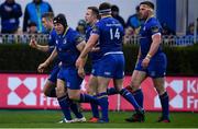 14 April 2018; Richardt Strauss of Leinster, 2nd from left, is congratulated by team-mates after scoring their first try during the Guinness PRO14 Round 20 match between Leinster and Benetton Rugby at the RDS Arena in Dublin. Photo by Brendan Moran/Sportsfile