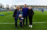 14 April 2018; Mascot Kevin Howard, from Malahide, Dublin, with his family prior to the Guinness PRO14 Round 20 match between Leinster and Benetton Rugby at the RDS Arena in Ballsbridge, Dublin. Photo by Brendan Moran/Sportsfile