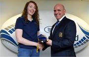 14 April 2018; Aoife McDermott of Railway Union RFC, Dublin, is presented with her Leinster cap by Leinster Branch President Niall Rynne at the Leinster Rugby Women’s Cap Presentation & Volunteer of the Year night hosted by Bank of Ireland in Dublin. Photo by Brendan Moran/Sportsfile