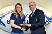 14 April 2018; Susan Vaughan of Railway Union RFC, Dublin, is presented with her Leinster cap by Leinster Branch President Niall Rynne at the Leinster Rugby Women’s Cap Presentation & Volunteer of the Year night hosted by Bank of Ireland in Dublin. Photo by Brendan Moran/Sportsfile