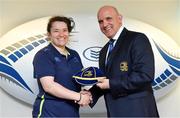 14 April 2018; Christy Haney of St. Mary's RFC, Dublin, is presented with her Leinster cap by Leinster Branch President Niall Rynne at the Leinster Rugby Women’s Cap Presentation & Volunteer of the Year night hosted by Bank of Ireland in Dublin. Photo by Brendan Moran/Sportsfile