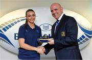 14 April 2018; Nicole Carroll of Suttonians RFC, Dublin, is presented with her Leinster cap by Leinster Branch President Niall Rynne at the Leinster Rugby Women’s Cap Presentation & Volunteer of the Year night hosted by Bank of Ireland in Dublin. Photo by Brendan Moran/Sportsfile