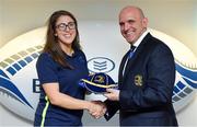 14 April 2018; Rachel Horan of CYM RFC, Dublin, is presented with her Leinster cap by Leinster Branch President Niall Rynne at the Leinster Rugby Women’s Cap Presentation & Volunteer of the Year night hosted by Bank of Ireland in Dublin. Photo by Brendan Moran/Sportsfile