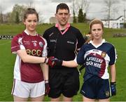15 April 2018; Referee Eamonn Moran with captains Maeve Flanagan of Glenamaddy, Galway, left, and Aoife Maher of Presentation, Thurles during the Lidl All Ireland Post Primary School Senior B Final match between Glenamaddy, Galway and Presentation, Thurles, Tipperary at Duggan Park in Ballinasloe, Co Galway. Photo by Seb Daly/Sportsfile