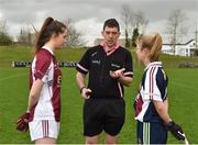 15 April 2018; Referee Eamonn Moran with captains Maeve Flanagan of Glenamaddy, Galway, left, and Aoife Maher of Presentation, Thurles during the Lidl All Ireland Post Primary School Senior B Final match between Glenamaddy, Galway and Presentation, Thurles, Tipperary at Duggan Park in Ballinasloe, Co Galway. Photo by Seb Daly/Sportsfile
