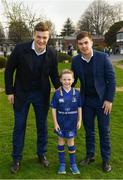 14 April 2018; Matchday mascot 8 year old Calum Grant, from Blanchardstown, Dublin, with Leinster players Josh van der Flier and Luke McGrath at the Guinness PRO14 Round 20 match between Leinster and Benetton Rugby at the RDS Arena in Ballsbridge, Dublin. Photo by Ramsey Cardy/Sportsfile