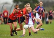 14 April 2018; Shauna Brennan of Coláiste Bhaile Chláir, Claregalway, in action against Rachel Troy of Scoil Mhuire, Trim, during the Lidl All Ireland Post Primary School Senior C Final match between Coláiste Bhaile Chláir, Claregalway, Galway and Scoil Mhuire, Trim, Meath at Kinnegad in County Westmeath. Photo by Matt Browne/Sportsfile