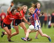 14 April 2018; Shauna Brennan of Coláiste Bhaile Chláir, Claregalway, in action against Rachel Troy of Scoil Mhuire, Trim, during the Lidl All Ireland Post Primary School Senior C Final match between Coláiste Bhaile Chláir, Claregalway, Galway and Scoil Mhuire, Trim, Meath at Kinnegad in County Westmeath. Photo by Matt Browne/Sportsfile