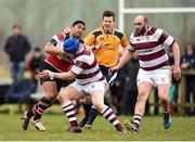 15 April 2018; Liam Gaffney of Wicklow in action against Frank Murphy of Tullow during the Bank of Ireland Provincial Towns Cup Semi-Final match between Tullow RFC and Wicklow RFC at Cill Dara RFC in Kildare. Photo by Eóin Noonan/Sportsfile