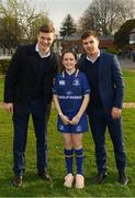 14 April 2018; Matchday mascot 12 year old Katie Mullan, from Dartry, Dublin, with Leinster players Josh van der Flier and Luke McGrath at the Guinness PRO14 Round 20 match between Leinster and Benetton Rugby at the RDS Arena in Ballsbridge, Dublin. Photo by Ramsey Cardy/Sportsfile