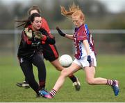 14 April 2018; Shauna Brennan of Coláiste Bhaile Chláir, Claregalway, scores her side's third goal past Scoil Mhuire, Trim, goalkeeper Aoife Murray during the Lidl All Ireland Post Primary School Senior C Final match between Coláiste Bhaile Chláir, Claregalway, Galway and Scoil Mhuire, Trim, Meath at Kinnegad in County Westmeath. Photo by Matt Browne/Sportsfile