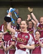 15 April 2018; Glenamaddy, Galway captain Maeve Flanagan lifts the trophy following her side's victory during the Lidl All Ireland Post Primary School Senior B Final match between Glenamaddy, Galway and Presentation, Thurles, Tipperary at Duggan Park in Ballinasloe, Co Galway. Photo by Seb Daly/Sportsfile