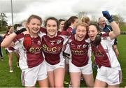 15 April 2018; Glenamaddy, Galway players, from left, Lynsey Noone, Evelyn Flanagan, Emma Moran and Aisling Ward celebrate following their side's victory during the Lidl All Ireland Post Primary School Senior B Final match between Glenamaddy, Galway and Presentation, Thurles, Tipperary at Duggan Park in Ballinasloe, Co Galway. Photo by Seb Daly/Sportsfile