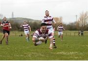 15 April 2018; Tino Mafoe of Tullow goes over to score his side's first try during the Bank of Ireland Provincial Towns Cup Semi-Final match between Tullow RFC and Wicklow RFC at Cill Dara RFC in Kildare. Photo by Eóin Noonan/Sportsfile