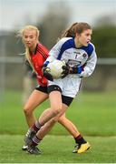 14 April 2018; Ava Murray of Coláiste Bhaile Chláir, Claregalway, in action against Leah Dennehy of Scoil Mhuire, Trim, during the Lidl All Ireland Post Primary School Senior C Final match between Coláiste Bhaile Chláir, Claregalway, Galway and Scoil Mhuire, Trim, Meath at Kinnegad in County Westmeath. Photo by Matt Browne/Sportsfile