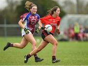 14 April 2018; Rachel Troy of Scoil Mhuire, Trim, in action against Niamh Moran of Coláiste Bhaile Chláir, Claregalway, during the Lidl All Ireland Post Primary School Senior C Final match between Coláiste Bhaile Chláir, Claregalway, Galway and Scoil Mhuire, Trim, Meath at Kinnegad in County Westmeath. Photo by Matt Browne/Sportsfile