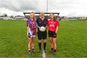 14 April 2018; Referee Dermott Love with Gemma Coll of Coláiste Bhaile Chláir, Claregalway, and Rachel Troy of Scoil Mhuire, Trim, during the Lidl All Ireland Post Primary School Senior C Final match between Coláiste Bhaile Chláir, Claregalway, Galway and Scoil Mhuire, Trim, Meath at Kinnegad in County Westmeath. Photo by Matt Browne/Sportsfile