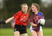 14 April 2018; Amy Walsh of Coláiste Bhaile Chláir, Claregalway, in action against Ali Sherlock of Scoil Mhuire, Trim, during the Lidl All Ireland Post Primary School Senior C Final match between Coláiste Bhaile Chláir, Claregalway, Galway and Scoil Mhuire, Trim, Meath at Kinnegad in County Westmeath. Photo by Matt Browne/Sportsfile