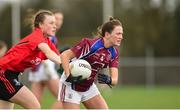 14 April 2018; Kiara Kearney of Coláiste Bhaile Chláir, Claregalway, in action against Ali Sherlock of Scoil Mhuire, Trim, during the Lidl All Ireland Post Primary School Senior C Final match between Coláiste Bhaile Chláir, Claregalway, Galway and Scoil Mhuire, Trim, Meath at Kinnegad in County Westmeath. Photo by Matt Browne/Sportsfile
