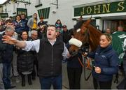 15 April 2018; The winner of the 2018 Randox Health Aintree Grand National Tiger Roll outside Shaw's pub in the village of Summerhill in County Meath with trainer Gordon Elliott and groom Louise Dunne. Photo by Brendan Moran/Sportsfile