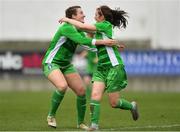 15 April 2018; Rebecca Horgan of Limerick, right, celebrates scoring her side's first goal with team-mate Carys Johnson during the Continental Tyres Women's National League match between Limerick and UCD Waves at Markets Field in Garryowen, Co Limerick. Photo by Piaras Ó Mídheach/Sportsfile
