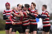 15 April 2018; Ivan Jacob of Enniscorthy celebrates with teammates after scoring a try during the Bank of Ireland Provincial Towns Cup Semi-Final match between Enniscorthy RFC and Ashbourne RFC at Cill Dara RFC in Kildare. Photo by Ramsey Cardy/Sportsfile