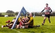 15 April 2018; Ivan Jacob of Enniscorthy scores a try despite the tackle by Adam Martin, left, and Stephen O'Neill of Ashbourne during the Bank of Ireland Provincial Towns Cup Semi-Final match between Enniscorthy RFC and Ashbourne RFC at Cill Dara RFC in Kildare. Photo by Ramsey Cardy/Sportsfile