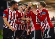 16 April 2018; Rory Patterson, centre, of Derry City is congratulated by team-mates after scoring his side's second goal during the SSE Airtricity League Premier Division match between Derry City and Bohemians at the Brandywell Stadium in Derry. Photo by Oliver McVeigh/Sportsfile